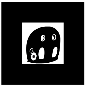Augmented reality glyph or marker showing Dusty, a Dogsharks charater. This augmented reality glyph looks like a heavy black square outline around a black and white image of Dusty, a Dogsharks character. From a children's augmented reality application.